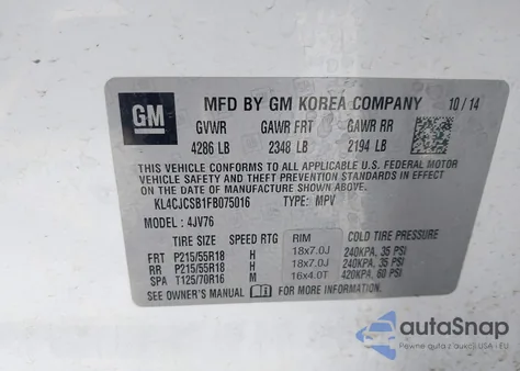 2015 Buick Encore Leather z USA, uszkodzony, nr VIN KL4CJCSB1FB075016